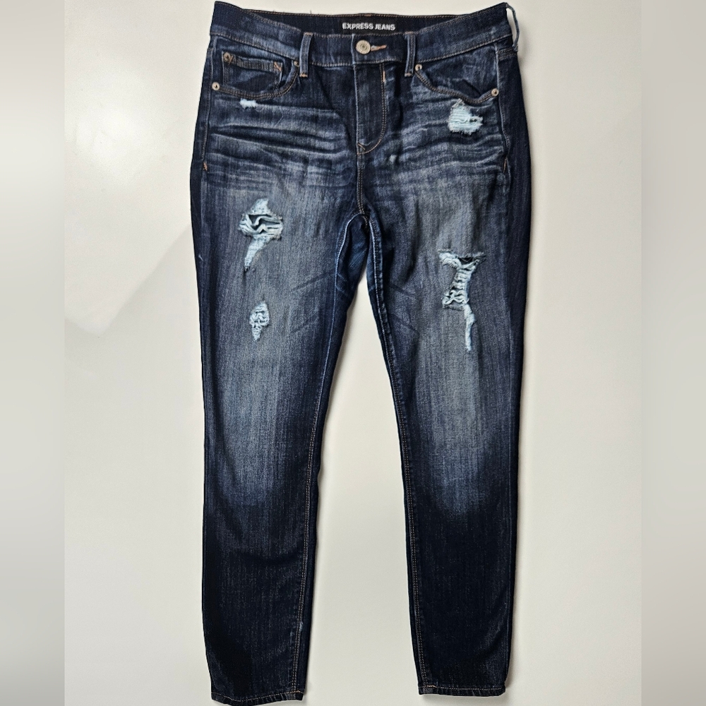 Express Dark Blue Distressed Skinny Jeans